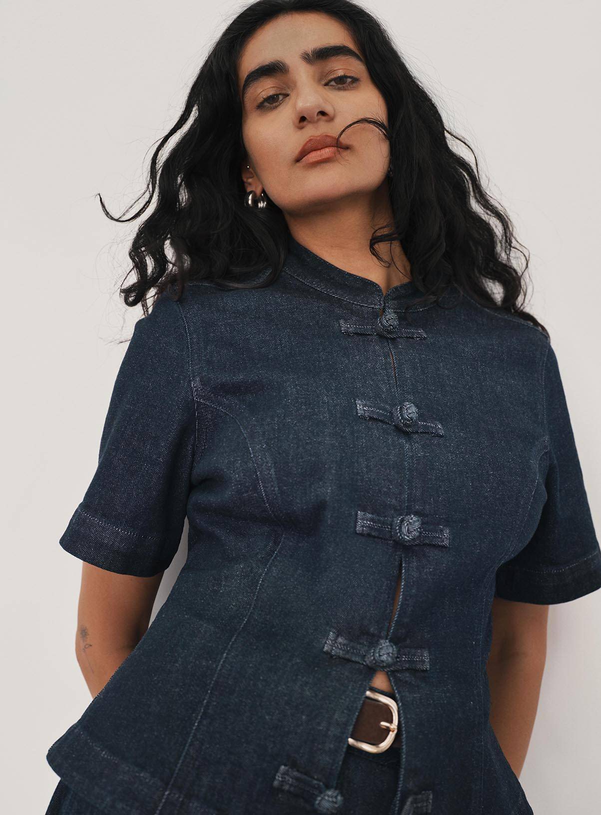 Dark Denim Frog Fastening Grandad Collar Top 12 - Image 1